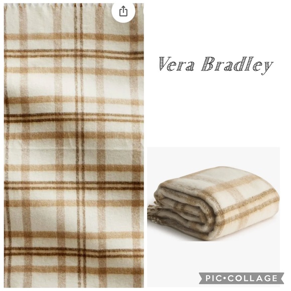 Vera Bradley Other - NWT Woven Wool Blend Throw Blanket Fringe Trim 50x70 Cream and Gold Plaid